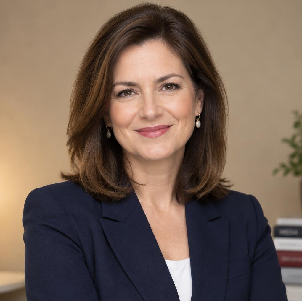 Portrait of a smiling Polish woman editor in a navy blazer