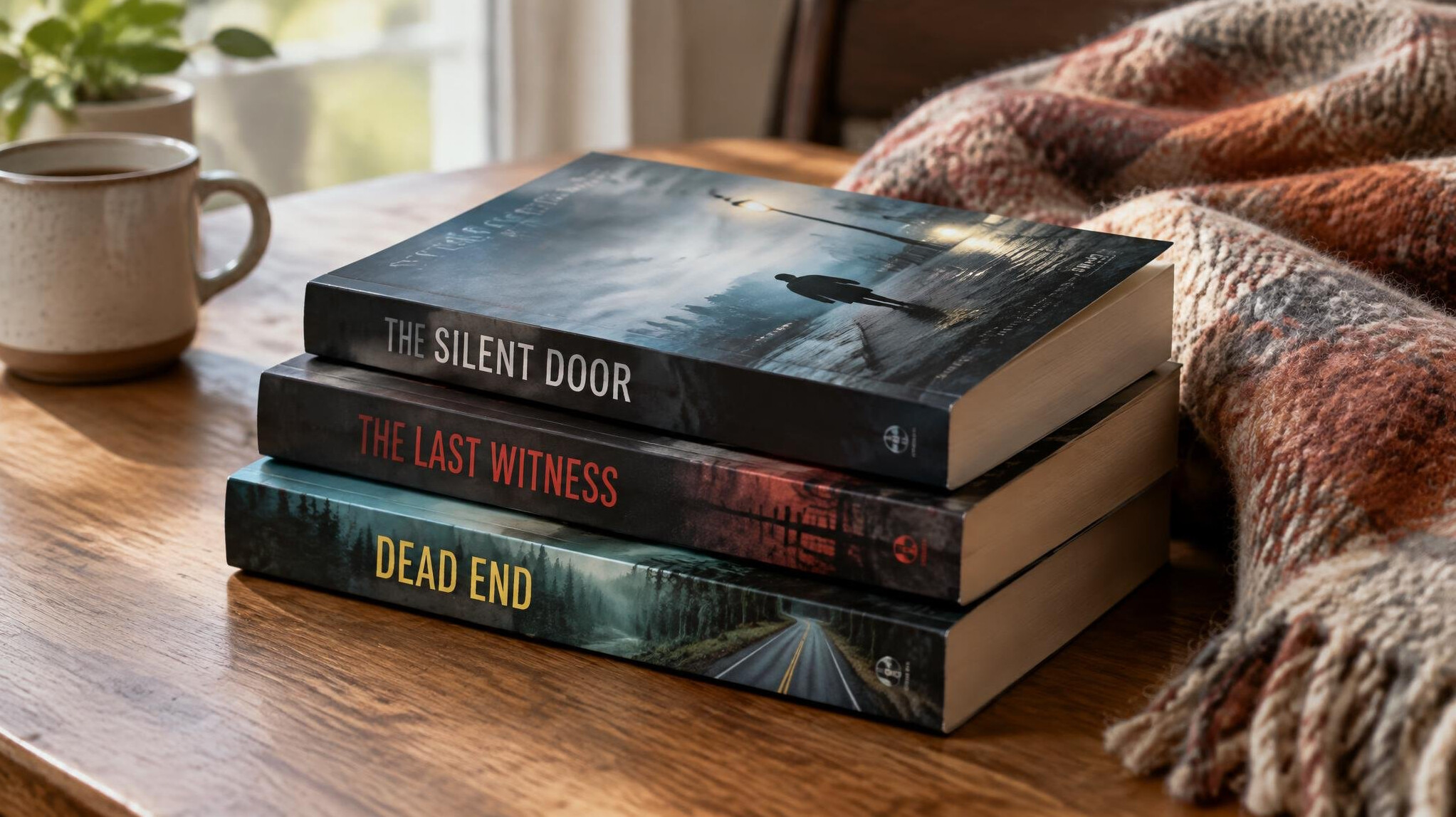 Thriller paperbacks and hardcovers lying on a table