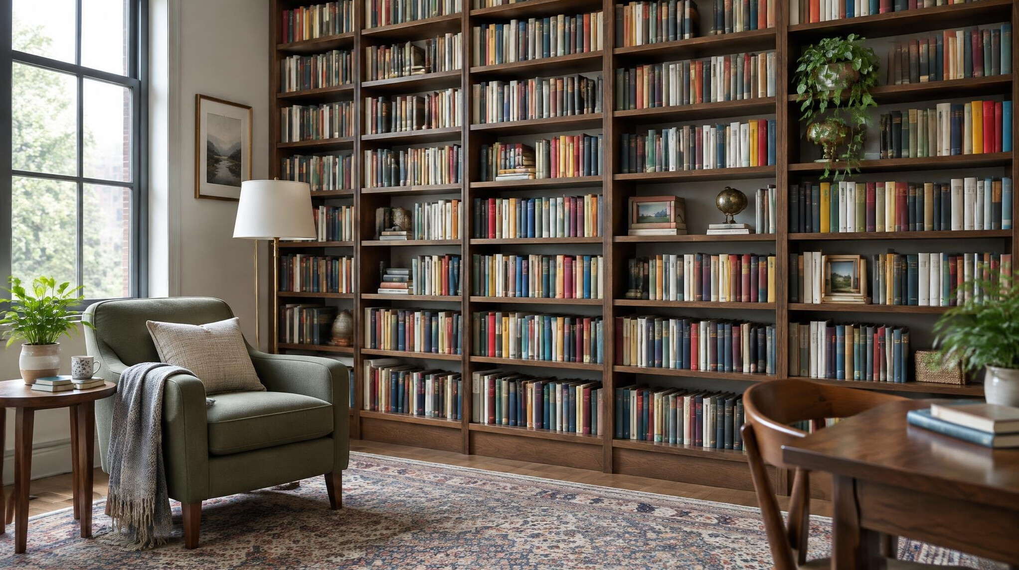 Wall of bookshelves in a quiet library