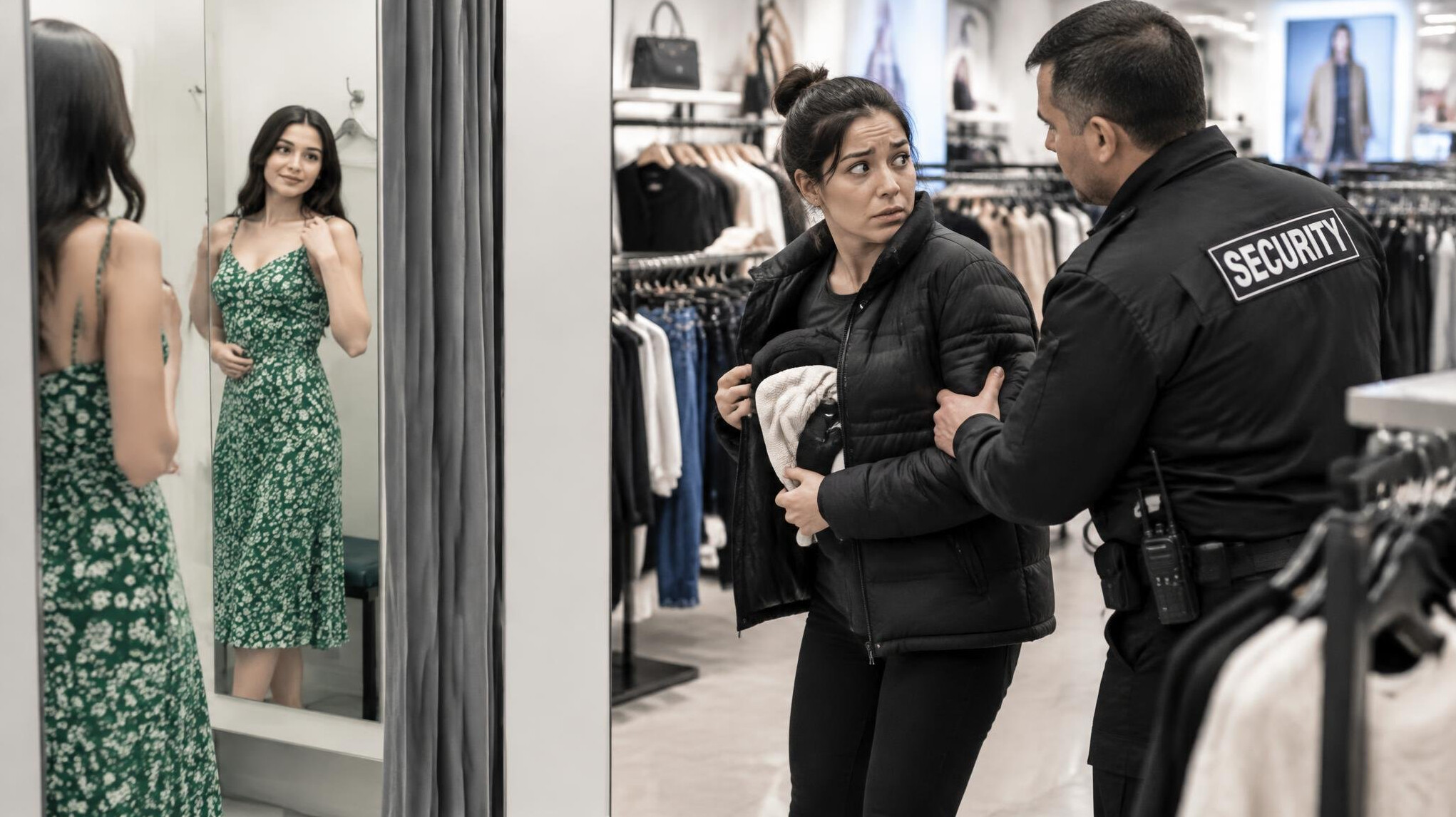 woman trying on clothes in fitting room