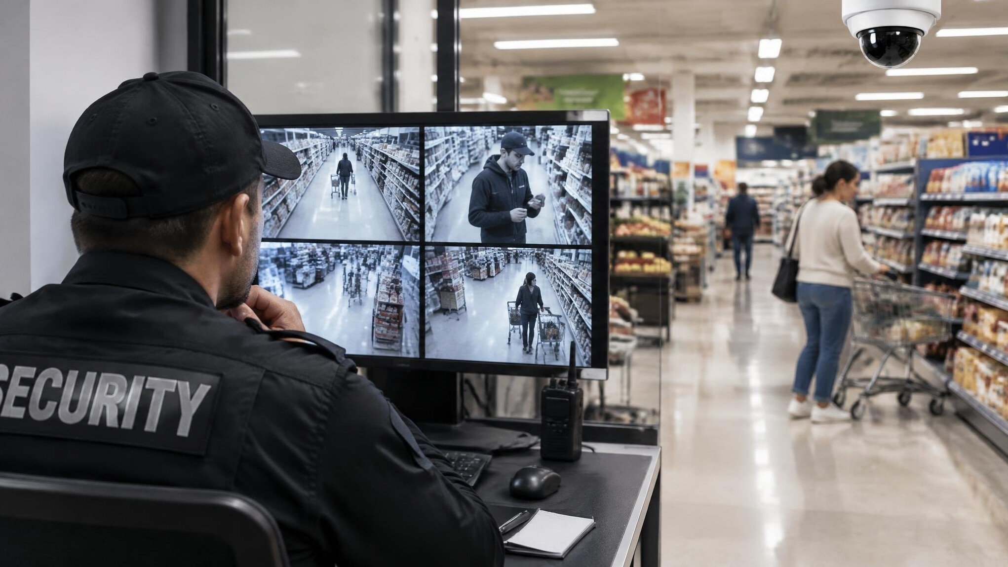 store security guard watching monitors