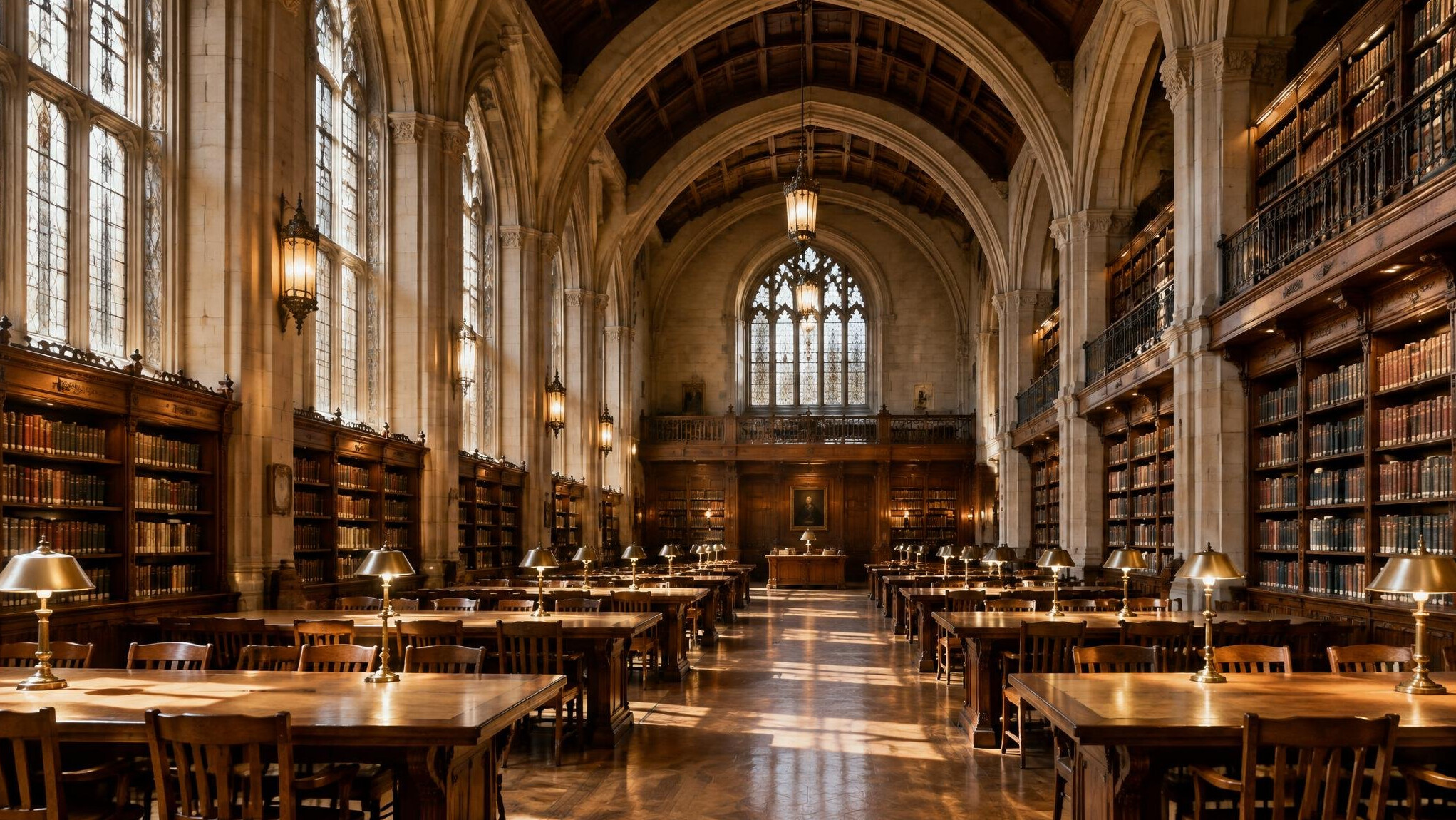 Grand library hall with arched ceiling and long reading tables