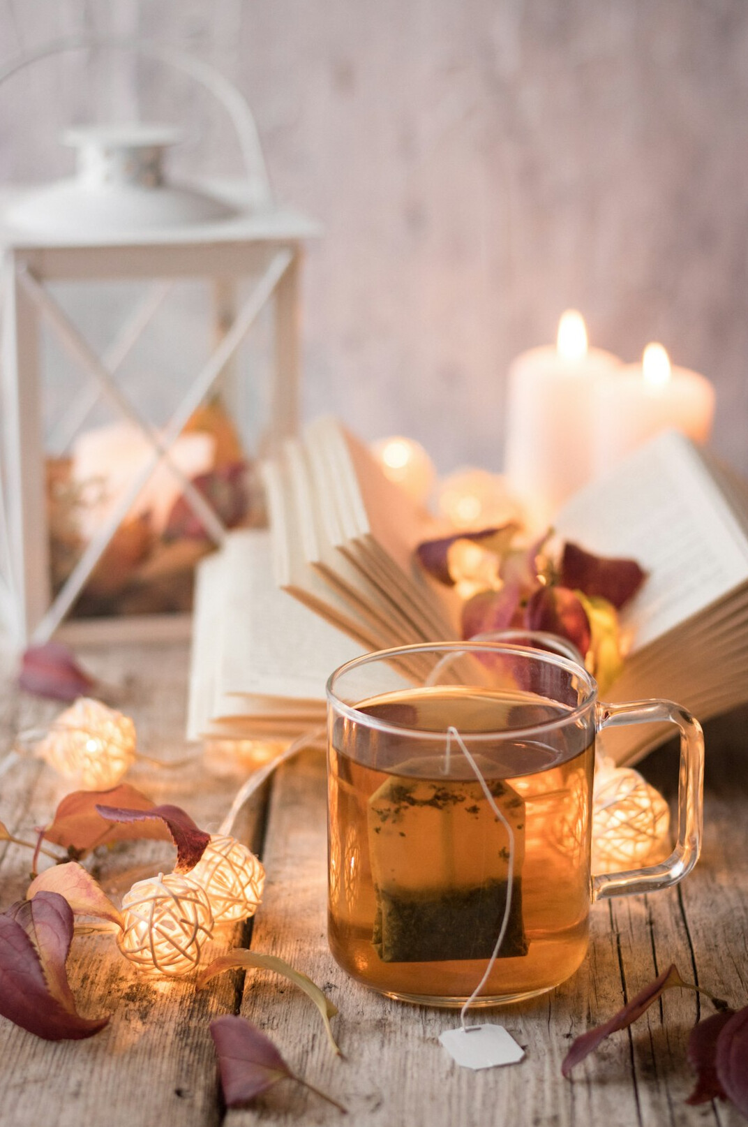 Open book on a cozy table with a cup of tea