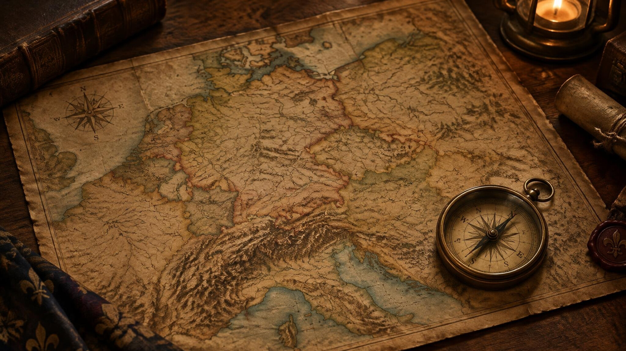 Vintage map spread on a table with a compass